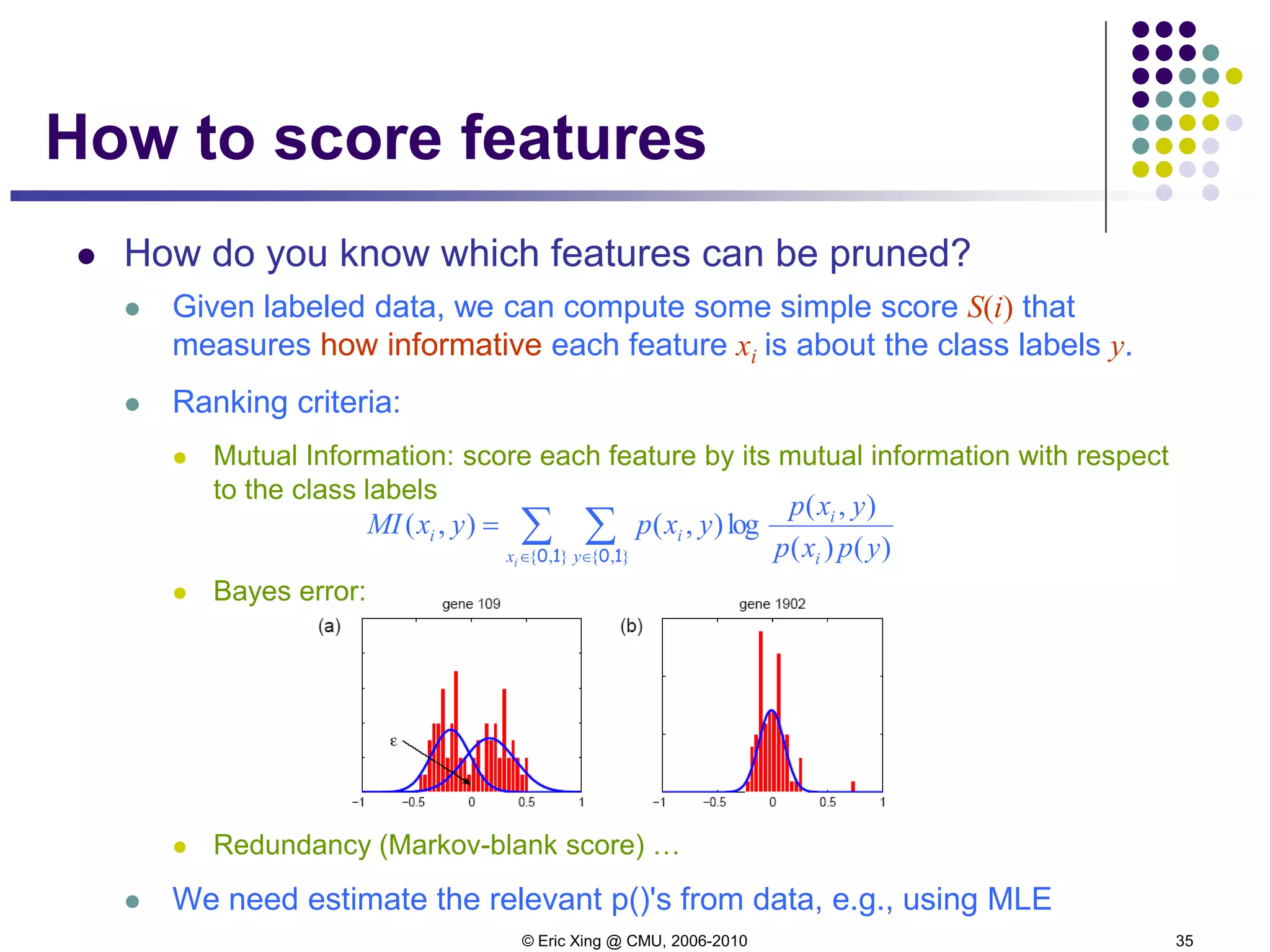© Eric Xing @ CMU, 2006-2010 35
How to score features
 How do you know which features can be pruned?
 Given labeled data, we can compute some simple score S(i) that
measures how informative each feature xi is about the class labels y.
 Ranking criteria:
 Mutual Information: score each feature by its mutual information with respect
to the class labels
 Bayes error:
 Redundancy (Markov-blank score) …
 We need estimate the relevant p()'s from data, e.g., using MLE
∑ ∑∈ ∈
=
},{ },{ )()(
),(
log),(),(
10 10ix y i
i
ii
ypxp
yxp
yxpyxMI
 