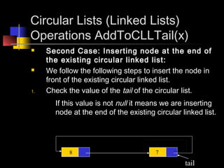 Circular Lists (Linked Lists)
Operations AddToCLLTail(x)
    Second Case: Inserting node at the end of
     the existing circular linked list:
    We follow the following steps to insert the node in
     front of the existing circular linked list.
1.   Check the value of the tail of the circular list.
       If this value is not null it means we are inserting
       node at the end of the existing circular linked list.




            8                           7

                                                 tail
 