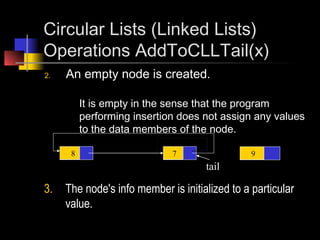 Circular Lists (Linked Lists)
Operations AddToCLLTail(x)
2.   An empty node is created.

          It is empty in the sense that the program
          performing insertion does not assign any values
          to the data members of the node.

      8                      7                  9
                                     tail

3.   The node's info member is initialized to a particular
     value.
 