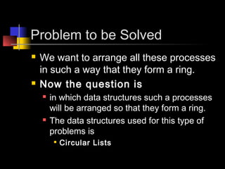 Problem to be Solved
   We want to arrange all these processes
    in such a way that they form a ring.
   Now the question is
       in which data structures such a processes
        will be arranged so that they form a ring.
       The data structures used for this type of
        problems is
            Circular Lists
 