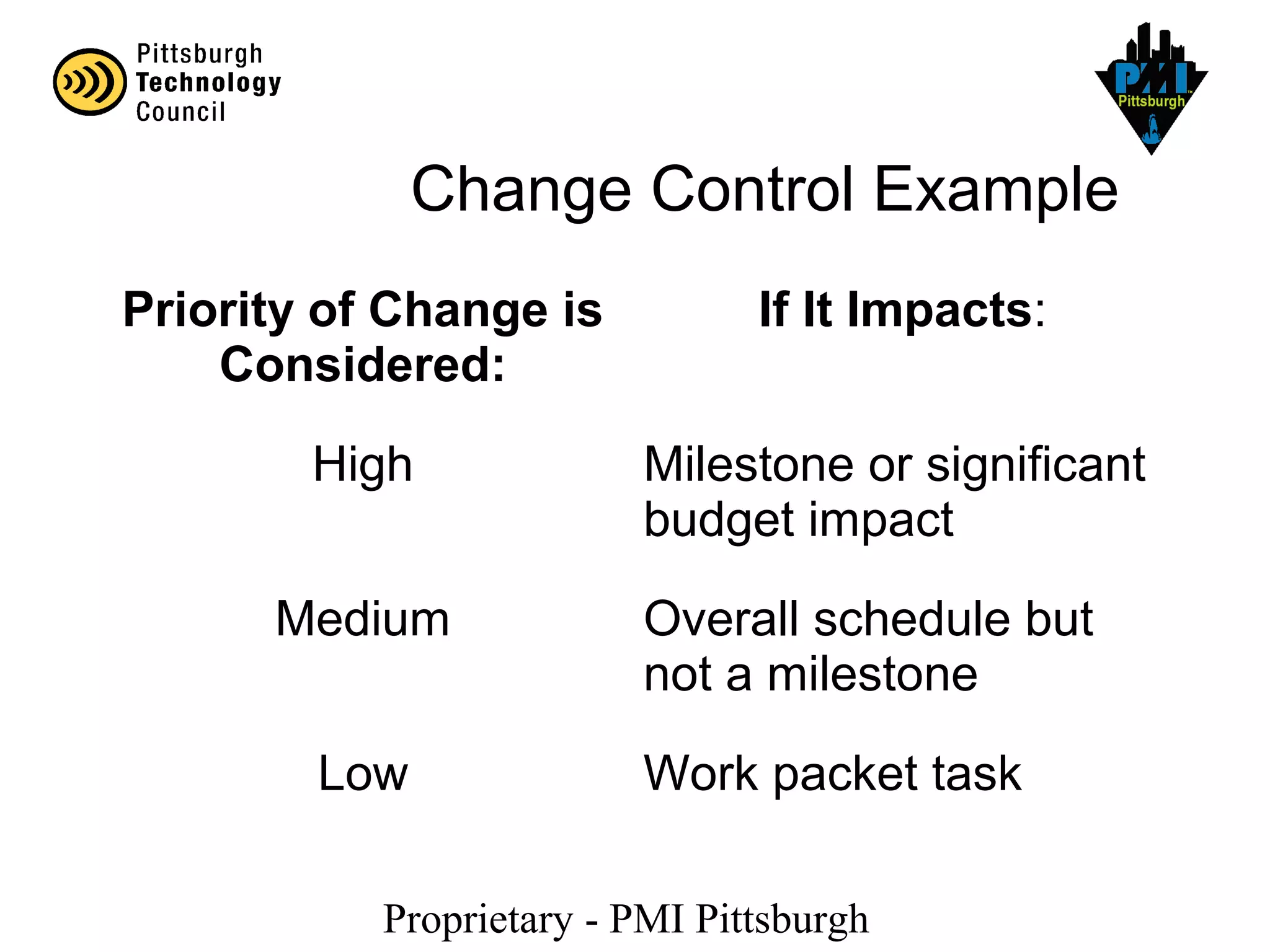 Proprietary - PMI Pittsburgh
Change Control Example
Priority of Change is
Considered:
If It Impacts:
High Milestone or significant
budget impact
Medium Overall schedule but
not a milestone
Low Work packet task
 