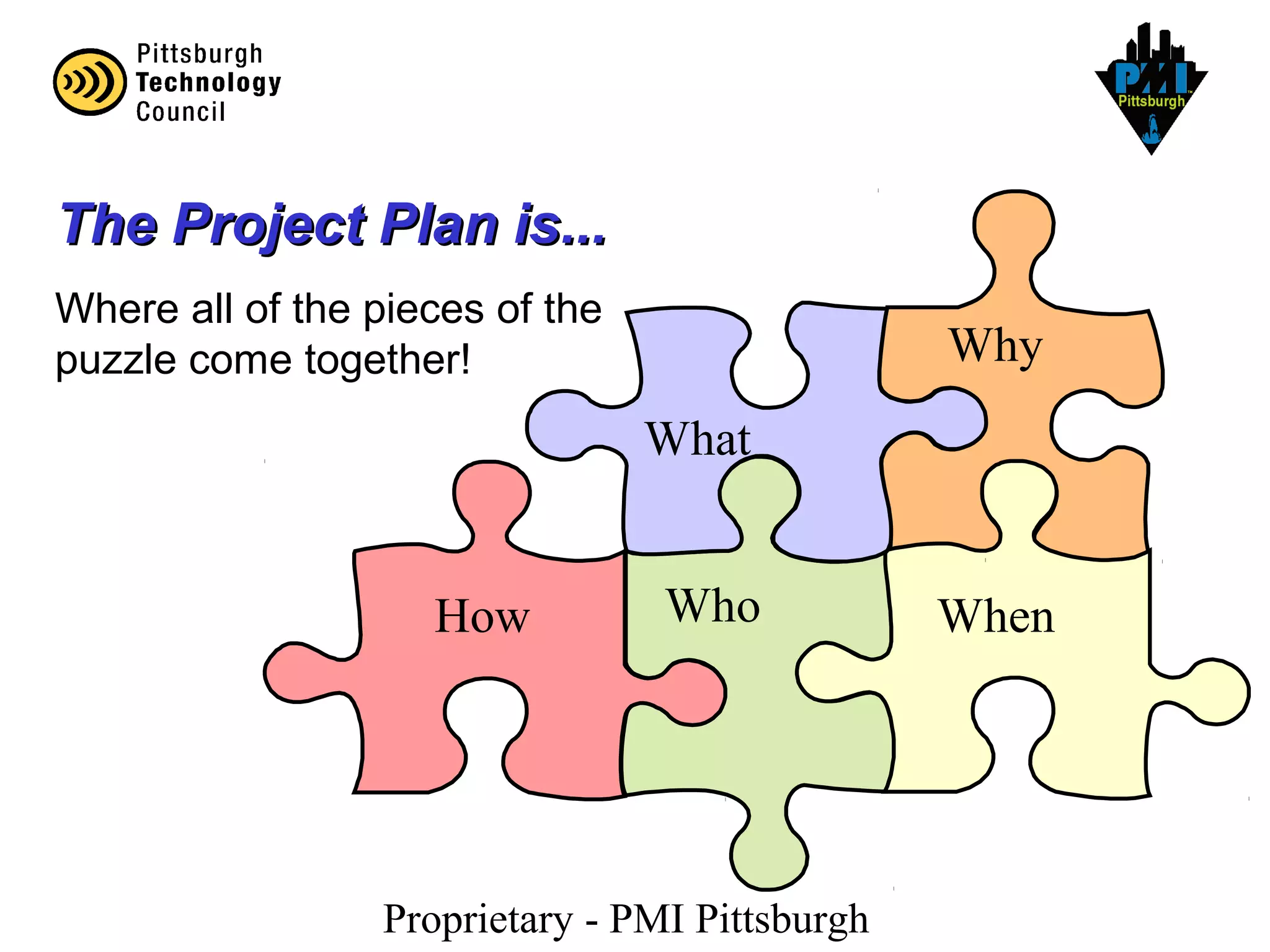 Proprietary - PMI Pittsburgh
The Project Plan is...The Project Plan is...
Where all of the pieces of the
puzzle come together!
What
Who
Why
WhenHow
 