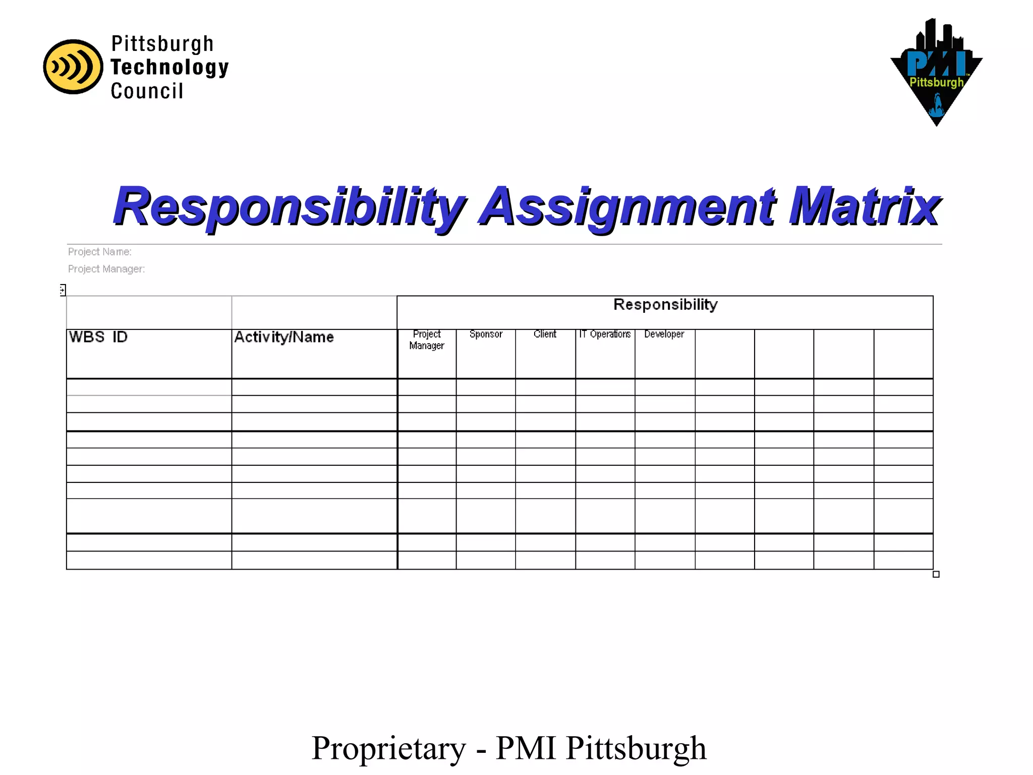 Proprietary - PMI Pittsburgh
Responsibility Assignment MatrixResponsibility Assignment Matrix
 