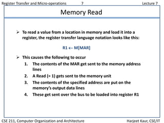 Register Transfer and Micro-operations 7 Lecture 7
CSE 211, Computer Organization and Architecture Harjeet Kaur, CSE/IT
Memory Read
 To read a value from a location in memory and load it into a
register, the register transfer language notation looks like this:
 This causes the following to occur
1. The contents of the MAR get sent to the memory address
lines
2. A Read (= 1) gets sent to the memory unit
3. The contents of the specified address are put on the
memory’s output data lines
4. These get sent over the bus to be loaded into register R1
R1  M[MAR]
 