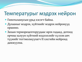 Температурыг мэдрэх нейрон
 Гипоталамусын урьд хэсэгт байна.
 Дулааныг мэдрэх, хүйтнийг мэдрэх нейронууд

оршино.
 Захын терморецепторуудаас ирэх гадаад, дотоод
орчны халуун хүйтний мэдээллийг хүлээн авч
түүнийг тогтмолжуулагч II хэсгийн нейронд
дамжуулна.

 
