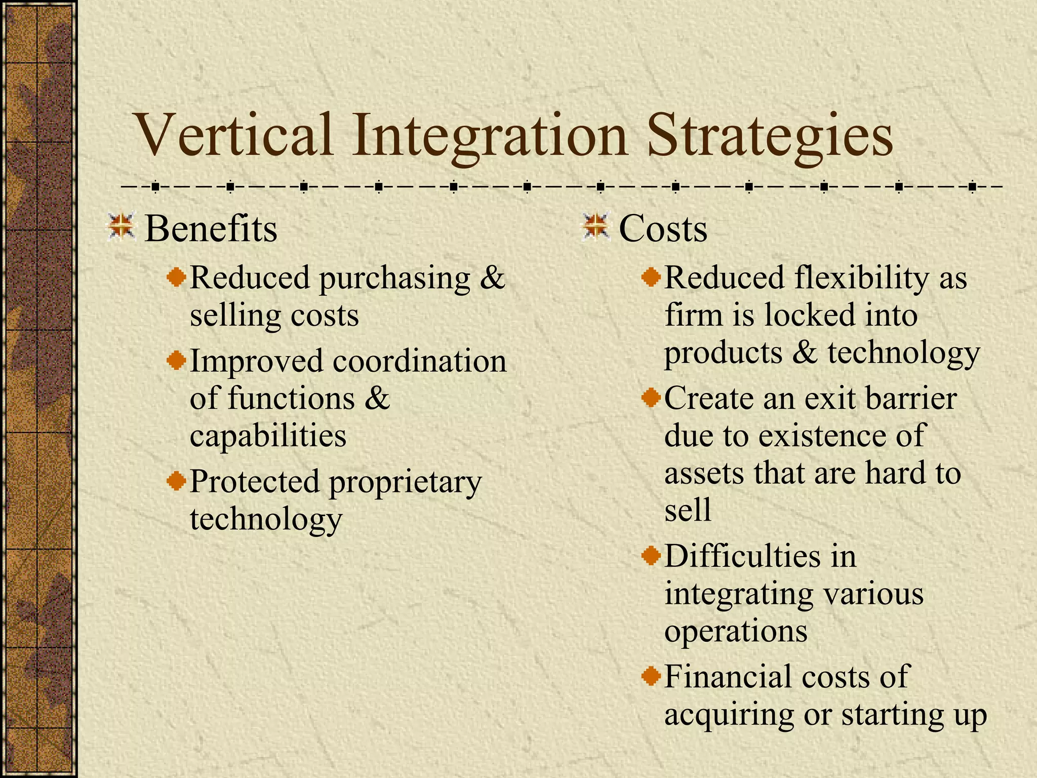 Vertical Integration Strategies
Benefits
Reduced purchasing &
selling costs
Improved coordination
of functions &
capabilities
Protected proprietary
technology
Costs
Reduced flexibility as
firm is locked into
products & technology
Create an exit barrier
due to existence of
assets that are hard to
sell
Difficulties in
integrating various
operations
Financial costs of
acquiring or starting up
 
