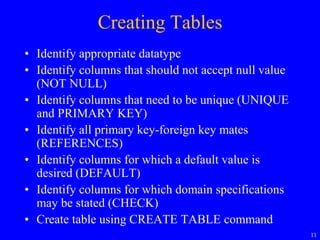 11
Creating Tables
• Identify appropriate datatype
• Identify columns that should not accept null value
(NOT NULL)
• Identify columns that need to be unique (UNIQUE
and PRIMARY KEY)
• Identify all primary key-foreign key mates
(REFERENCES)
• Identify columns for which a default value is
desired (DEFAULT)
• Identify columns for which domain specifications
may be stated (CHECK)
• Create table using CREATE TABLE command
 