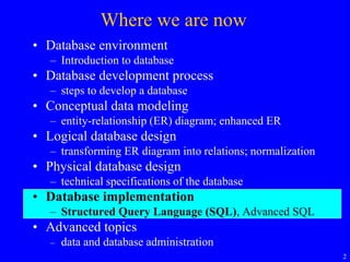 2
Where we are now
• Database environment
– Introduction to database
• Database development process
– steps to develop a database
• Conceptual data modeling
– entity-relationship (ER) diagram; enhanced ER
• Logical database design
– transforming ER diagram into relations; normalization
• Physical database design
– technical specifications of the database
• Database implementation
– Structured Query Language (SQL), Advanced SQL
• Advanced topics
– data and database administration
 