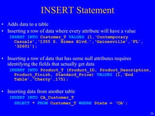 20
INSERT Statement
• Adds data to a table
• Inserting a row of data where every attribute will have a value
INSERT INTO Customer_T VALUES (1,‘Contemporary
Casuals’,‘1355 S. Himes Blvd.’,‘Gainesville’,‘FL’,
‘32601’);
• Inserting a row of data that has some null attributes requires
identifying the fields that actually get data
INSERT INTO Product_T (Product_ID, Product_Description,
Product_Finish, Standard_Price) VALUES (1,‘End
Table’,‘Cherry’,175);
• Inserting data from another table
INSERT INTO CA_Customer_T
SELECT * FROM Customer_T WHERE State = ‘CA’;
 