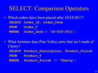 26
SELECT: Comparison Operators
• Which orders have been placed after 10/24/2011?
SELECT Order_ID, Order_Date
FROM Order_T
WHERE Order_Date > ‘24-OCT-2011’;
• What furniture does Pine Valley carry that isn’t made of
Cherry?
SELECT Product_Description, Product_Finish
FROM Product_T
WHERE Product_Finish != ‘Cherry’;
 