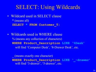 30
SELECT: Using Wildcards
• Wildcard used in SELECT clause
* (means all)
SELECT * FROM Customer_T;
• Wildcards used in WHERE clause
% (means any collection of characters)
WHERE Product_Description LIKE ‘%Desk’
will find ‘Computer Desk’, ‘8-Drawer Desk’, etc.
_ (means exactly one character)
WHERE Product_Description LIKE ‘_-drawer’
will find ‘3-drawer’, ‘5-drawer’, etc.
 