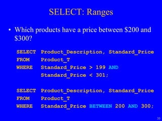 33
SELECT: Ranges
• Which products have a price between $200 and
$300?
SELECT Product_Description, Standard_Price
FROM Product_T
WHERE Standard_Price > 199 AND
Standard_Price < 301;
SELECT Product_Description, Standard_Price
FROM Product_T
WHERE Standard_Price BETWEEN 200 AND 300;
 