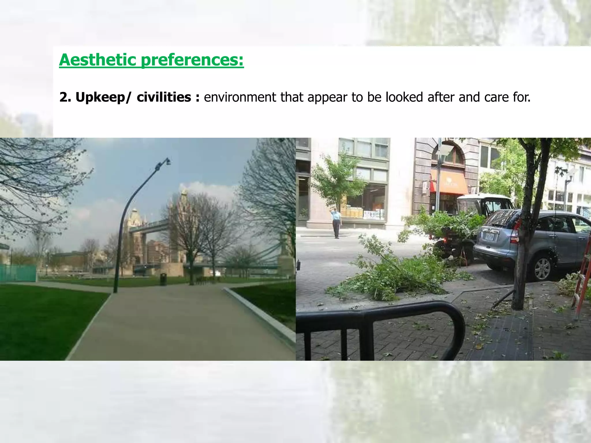 Aesthetic preferences:
2. Upkeep/ civilities : environment that appear to be looked after and care for.