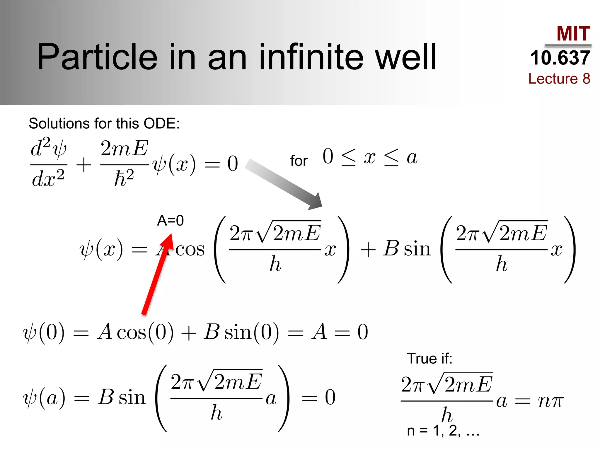 MIT
10.637
Lecture 8
Particle in an infinite well
Solutions for this ODE:
A=0
for
True if:
n = 1, 2, …
 