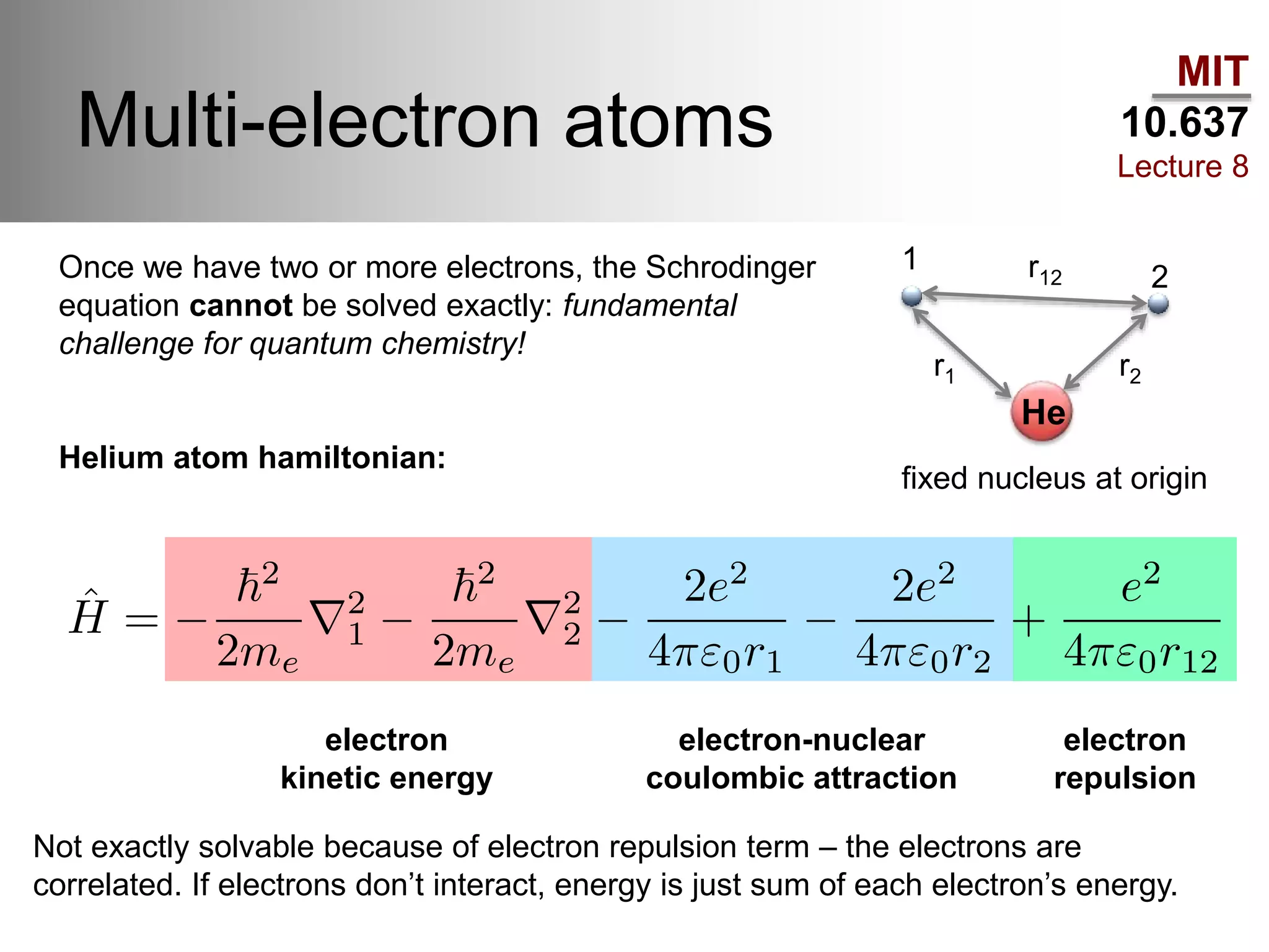 MIT
10.637
Lecture 8
Multi-electron atoms
Once we have two or more electrons, the Schrodinger
equation cannot be solved exactly: fundamental
challenge for quantum chemistry!
Helium atom hamiltonian:
fixed nucleus at origin
1
2r12
r2r1
He
electron
kinetic energy
electron-nuclear
coulombic attraction
electron
repulsion
Not exactly solvable because of electron repulsion term – the electrons are
correlated. If electrons don’t interact, energy is just sum of each electron’s energy.
 