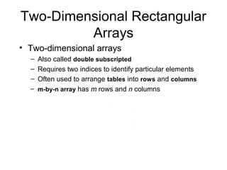 Two-Dimensional Rectangular
Arrays
• Two-dimensional arrays
– Also called double subscripted
– Requires two indices to identify particular elements
– Often used to arrange tables into rows and columns
– m-by-n array has m rows and n columns
 