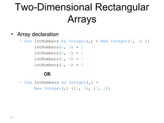 13
Two-Dimensional Rectangular
Arrays
• Array declaration
– Dim intNumbers As Integer(,) = New Integer(1, 1) {}
intNumbers(0, 0) = 1
intNumbers(0, 1) = 2
intNumbers(1, 0) = 3
intNumbers(1, 1) = 4
OR
– Dim intNumbers As Integer(,) =
New Integer(,) {{1, 2}, {3, 4}}
 