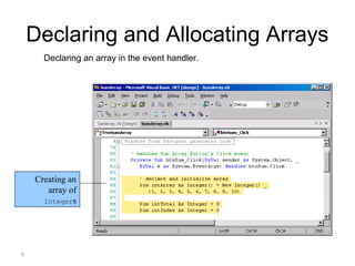 6
Declaring and Allocating Arrays
　 Declaring an array in the event handler.
Creating an
array of
Integers
 