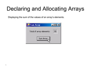 9
Declaring and Allocating Arrays
Displaying the sum of the values of an array’s elements.
 