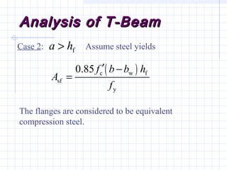 Analysis of T-BeamAnalysis of T-Beam
Case 2: Assume steel yieldsfha >
( )c w f
sf
y
0.85 f b b h
A
f
′ −
=
The flanges are considered to be equivalent
compression steel.
 