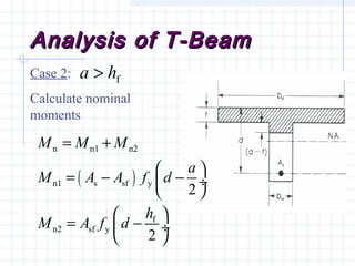 Analysis of T-BeamAnalysis of T-Beam
Case 2:
Calculate nominal
moments
fha >
( )
n n1 n2
n1 s sf y
f
n2 sf y
2
2
M M M
a
M A A f d
h
M A f d
= +
 
= − − ÷
 
 
= − ÷
 
 