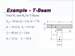 Example - T-BeamExample - T-Beam
Find Mn and Mu for T-Beam.
beff = 54 in. hf = 3 in. b = 7 ft.
d = 16.5 in. As = 8.5 in2
fy = 50 ksi fc = 3 ksi
bw= 12 in L = 18 ft
 