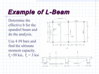Example of L-BeamExample of L-Beam
Determine the
effective b for the
spandrel beam and
do the analysis.
Use 4 #9 bars and
find the ultimate
moment capacity.
fy=50 ksi, fc = 3 ksi
 