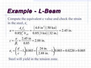 Example - L-BeamExample - L-Beam
( )( )
( ) ( )
2
s y
c eff
1
s
4.0 in 50 ksi
2.45 in.
0.85 0.85 3 ksi 32 in.
2.45 in
2.88 in.
0.85
24 in.
1 0.003 1 0.003 0.0220 0.005
2.88 in.
A f
a
f b
a
c
d
c
β
ε
= = =
′
= = =
   
= − = − = > ÷  ÷
   
Compute the equivalent c value and check the strain
in the steel, εs
Steel will yield in the tension zone.
 