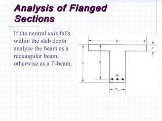 Analysis of FlangedAnalysis of Flanged
SectionsSections
If the neutral axis falls
within the slab depth
analyze the beam as a
rectangular beam,
otherwise as a T-beam.
 
