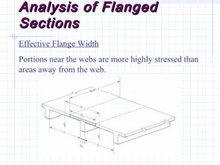 Analysis of FlangedAnalysis of Flanged
SectionsSections
Effective Flange Width
Portions near the webs are more highly stressed than
areas away from the web.
 