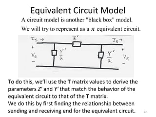 Equivalent Circuit Model
A circuit model is another "black box" model.
We will try to represent as a equivalent circuit.π
To do this, we’ll use the T matrix values to derive the
parameters Z' and Y' that match the behavior of the
equivalent circuit to that of the T matrix.
We do this by first finding the relationship between
sending and receiving end for the equivalent circuit. 22
 