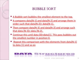 bubble sortbubble sort
01/31/18 BY MS. SHAISTA QADIR 20
 A Bubble sort bubbles the smallest element to the top.
 It compares data[N-1] and data[N-2] and arrange them in
order such that data[N-2]< data[N-1].
 Then compare data[N-3] and data[N-2] and arrange such
that data [N-3]< data [N-2].
 Continue this until data [0]<data[1]. This pass bubbles out
the smallest number in position 0.
 Repeat this comparison with the elements from data[N-1]
to data [1] and so on
 