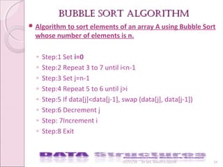 bubble Sort algorithmbubble Sort algorithm
01/31/18 BY MS. SHAISTA QADIR 24
 Algorithm to sort elements of an array A using Bubble Sort
whose number of elements is n.
◦ Step:1 Set i=0
◦ Step:2 Repeat 3 to 7 until i<n-1
◦ Step:3 Set j=n-1
◦ Step:4 Repeat 5 to 6 until j>i
◦ Step:5 If data[j]<data[j-1], swap (data[j], data[j-1])
◦ Step:6 Decrement j
◦ Step: 7Increment i
◦ Step:8 Exit
 