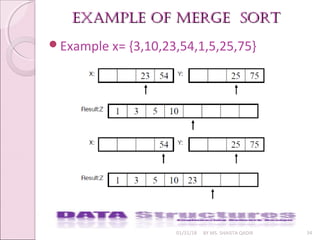example of merge sortexample of merge sort
01/31/18 BY MS. SHAISTA QADIR 34
Example x= {3,10,23,54,1,5,25,75}
 