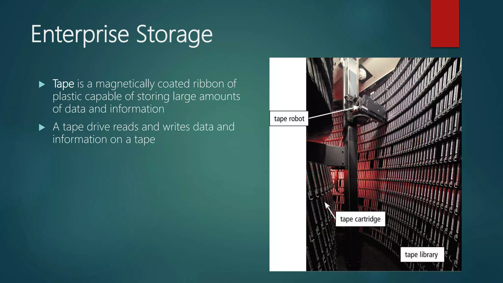 Enterprise Storage
 Tape is a magnetically coated ribbon of
plastic capable of storing large amounts
of data and information
 A tape drive reads and writes data and
information on a tape
 
