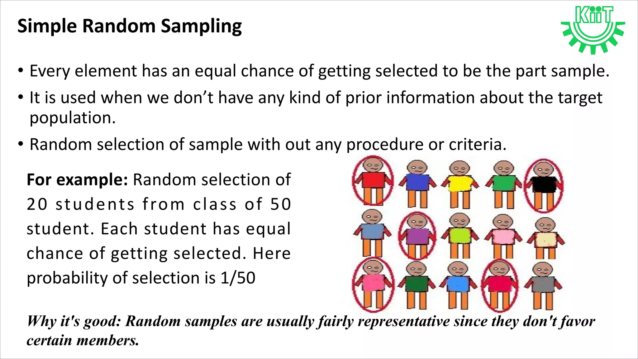 Simple Random Sampling
• Every element has an equal chance of getting selected to be the part sample.
• It is used when we don’t have any kind of prior information about the target
population.
• Random selection of sample with out any procedure or criteria.
For example: Random selection of
20 students from class of 50
student. Each student has equal
chance of getting selected. Here
probability of selection is 1/50
Why it's good: Random samples are usually fairly representative since they don't favor
certain members.
 