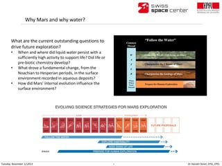 Why Mars and why water?

What are the current outstanding questions to
drive future exploration?
•

•
•

When and where di...