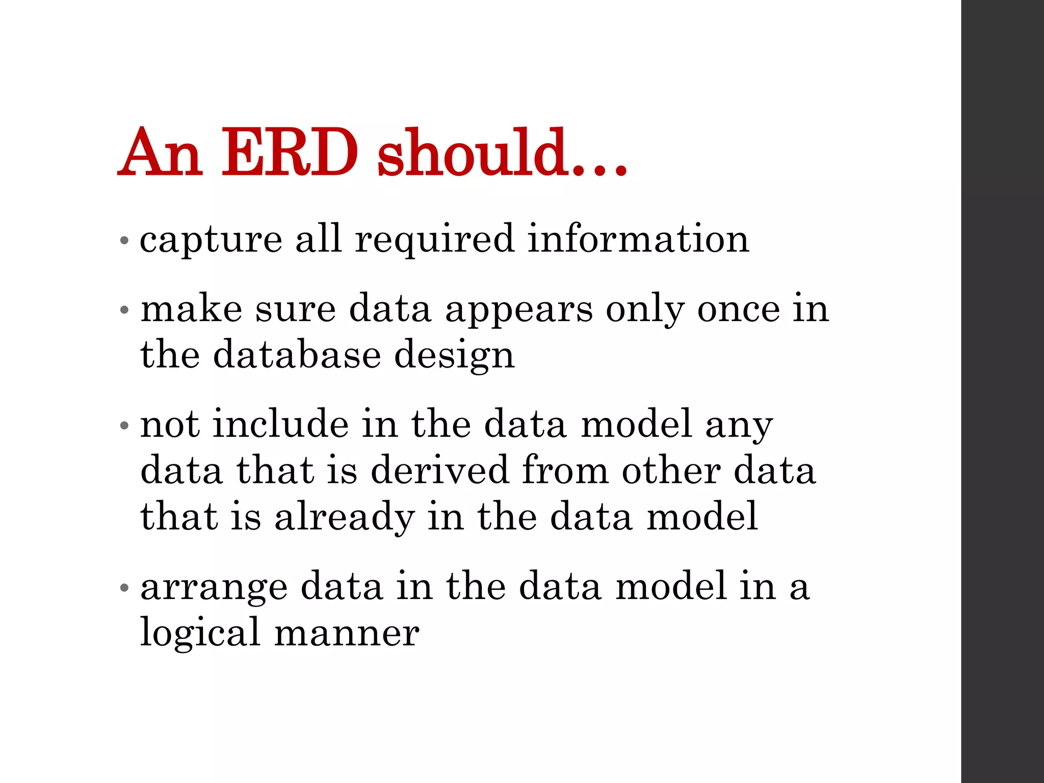 An ERD should…
• capture all required information
• make sure data appears only once in
the database design
• not include in the data model any
data that is derived from other data
that is already in the data model
• arrange data in the data model in a
logical manner
 
