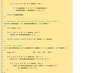 3. Define functions
67
68 for ( int j = 0; j < tests; j++ )
69
70 if ( grades[ i ][ j ] > highGrade )
71 highGrade = grades[ i ][ j ];
72
73 return highGrade;
74 }
75
76 // Determine the average grade for a particular student
77 double average( int setOfGrades[], int tests )
78 {
79 int total = 0;
80
81 for ( int i = 0; i < tests; i++ )
82 total += setOfGrades[ i ];
83
84 return static_cast< double >( total ) / tests;
85 }
86
87 // Print the array
88 void printArray( int grades[][ exams ], int pupils, int tests )
89 {
90 cout << " [0] [1] [2] [3]";
91
92 for ( int i = 0; i < pupils; i++ ) {
93 cout << "nstudentGrades[" << i << "] ";
94
95 for ( int j = 0; j < tests; j++ )
96 cout << setiosflags( ios::left ) << setw( 5 )
97 << grades[ i ][ j ];
98 }
99 }
 