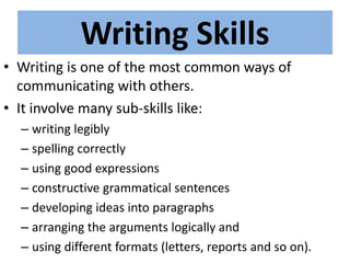 Writing Skills
• Writing is one of the most common ways of
communicating with others.
• It involve many sub-skills like:
– writing legibly
– spelling correctly
– using good expressions
– constructive grammatical sentences
– developing ideas into paragraphs
– arranging the arguments logically and
– using different formats (letters, reports and so on).
 