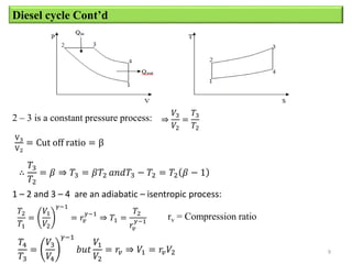 9
Diesel cycle Cont’d
2 – 3 is a constant pressure process: ⇒
𝑉3
𝑉2
=
𝑇3
𝑇2
V3
V2
= Cut off ratio = β
∴
𝑇3
𝑇2
= 𝛽 ⇒ 𝑇3 = 𝛽𝑇2 𝑎𝑛𝑑𝑇3 − 𝑇2 = 𝑇2 𝛽 − 1
1 – 2 and 3 – 4 are an adiabatic – isentropic process:
𝑇2
𝑇1
=
𝑉1
𝑉2
𝛾−1
= 𝑟𝑣
𝛾−1
⇒ 𝑇1 =
𝑇2
𝑟𝑣
𝛾−1
rv = Compression ratio
𝑇4
𝑇3
=
𝑉3
𝑉4
𝛾−1
𝑏𝑢𝑡
𝑉1
𝑉2
= 𝑟𝑣 ⇒ 𝑉1 = 𝑟𝑣𝑉2
 