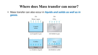 Where does Mass transfer can occur?
 Mass transfer can also occur in liquids and solids as well as in
gases.
 