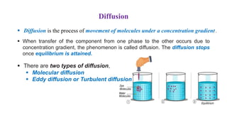 Diffusion
 Diffusion is the process of movement of molecules under a concentration gradient.
 When transfer of the component from one phase to the other occurs due to
concentration gradient, the phenomenon is called diffusion. The diffusion stops
once equilibrium is attained.
 There are two types of diffusion,
 Molecular diffusion
 Eddy diffusion or Turbulent diffusion
 
