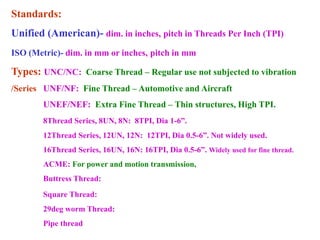 Standards:
Unified (American)- dim. in inches, pitch in Threads Per Inch (TPI)
ISO (Metric)- dim. in mm or inches, pitch in mm
Types: UNC/NC: Coarse Thread – Regular use not subjected to vibration
/Series UNF/NF: Fine Thread – Automotive and Aircraft
UNEF/NEF: Extra Fine Thread – Thin structures, High TPI.
8Thread Series, 8UN, 8N: 8TPI, Dia 1-6”.
12Thread Series, 12UN, 12N: 12TPI, Dia 0.5-6”. Not widely used.
16Thread Series, 16UN, 16N: 16TPI, Dia 0.5-6”. Widely used for fine thread.
ACME: For power and motion transmission,
Buttress Thread:
Square Thread:
29deg worm Thread:
Pipe thread
 