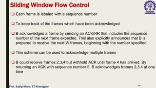 14
❑ Each frame is labeled with a sequence number
❑ To keep track of the frames which have been acknowledged
❑ B acknowledges a frame by sending an ACK/RR that includes the sequence
number of the next frame expected. This also explicitly announces that B is
prepared to receive the next W frames, beginning with the number specified.
❑ This scheme can be used to acknowledge multiple frames
❑ B could receive frames 2,3,4 but withhold ACK until frame 4 has arrived. By
returning an ACK with sequence number 5, B acknowledges frames 2,3,4 at one
time
Sliding Window Flow Control
Prof. Sudip Misra, IIT Kharagpur
 