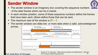 26
Sender Window
▪ The sender window is an imaginary box covering the sequence numbers
of the data frames which can be in transit.
▪ In each window position, some of these sequence numbers define the frames
that have been sent; others define those that can be sent.
▪ The maximum size of the window is 2m – 1.
▪ The sender window can slide one or more slots when a valid acknowledgment
arrives.
Source: B. A. Forouzan, “ Data Communications and Networking ,” McGraw-
Hill Forouzan Networking Series,5E.
Prof. Sudip Misra, IIT Kharagpur
 