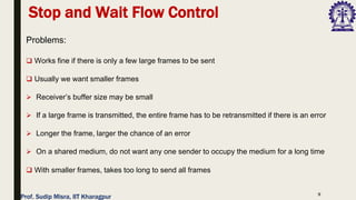 9
Problems:
❑ Works fine if there is only a few large frames to be sent
❑ Usually we want smaller frames
➢ Receiver’s buffer size may be small
➢ If a large frame is transmitted, the entire frame has to be retransmitted if there is an error
➢ Longer the frame, larger the chance of an error
➢ On a shared medium, do not want any one sender to occupy the medium for a long time
❑ With smaller frames, takes too long to send all frames
Stop and Wait Flow Control
Prof. Sudip Misra, IIT Kharagpur
 