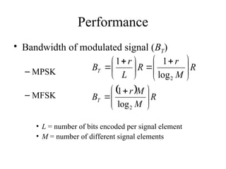 Performance
• Bandwidth of modulated signal (BT)
– MPSK
– MFSK
• L = number of bits encoded per signal element
• M = number of different signal elements
R
M
r
R
L
r
BT 






 






 

2
log
1
1
  R
M
M
r
BT 






 

2
log
1
 