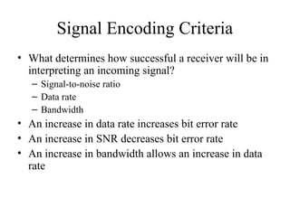 Signal Encoding Criteria
• What determines how successful a receiver will be in
interpreting an incoming signal?
– Signal-to-noise ratio
– Data rate
– Bandwidth
• An increase in data rate increases bit error rate
• An increase in SNR decreases bit error rate
• An increase in bandwidth allows an increase in data
rate
 