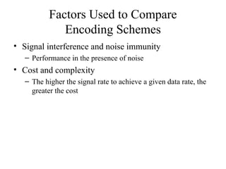 Factors Used to Compare
Encoding Schemes
• Signal interference and noise immunity
– Performance in the presence of noise
• Cost and complexity
– The higher the signal rate to achieve a given data rate, the
greater the cost
 